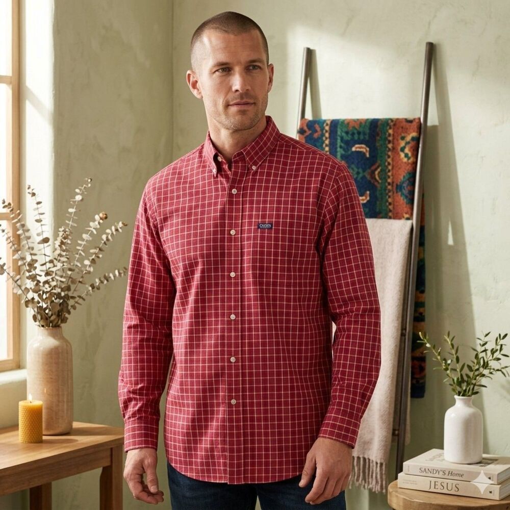 Vintage Chaps Ralph Lauren Mens M Red Blue Plaid Button Down Shirt Preppy